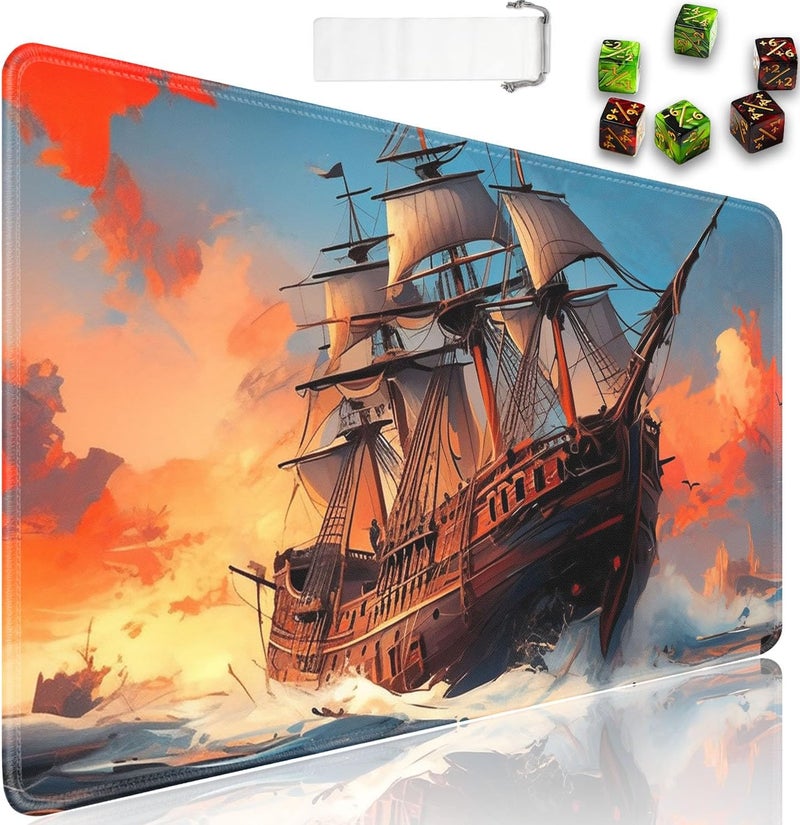 JVGFYNKL MTG Playmat + Drawstring Travel Pouch + 6 Dice Counter, for Tabletop Trading Card Game Playmats or Large Mouse Pad, Anti-Slip Rubber 24 x 14 in, Pirate Ship Sailing on The Sea TCG Playmat - Image 1